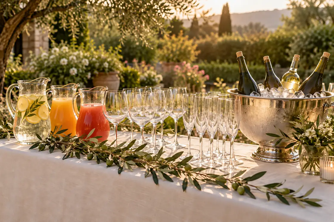 Mesa de bebidas ao ar livre com jarras de suco, taças vazias e um balde de gelo com garrafas, na luz do fim da tarde