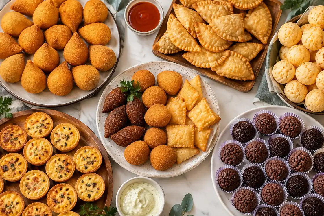 Mesa vista de cima com bandejas de coxinhas, pastéis, pães de queijo, quibes, miniquiches e brigadeiros em forminhas