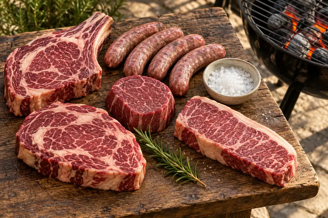 Tábua de madeira com cortes de carne bovina crua, linguiças e sal grosso ao lado de uma churrasqueira com brasa